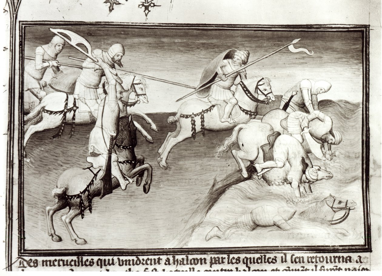 Sra. Fr 2810 O líder mongol, Hulagu, cã do Ilkhanate persegue seu primo, Berke, cã do Kipchak ou da Horda Dourada em 1262, forçando-o a entrar em um rio, de Livre des Merveilles du Monde, c.1410- de Boucicaut Master