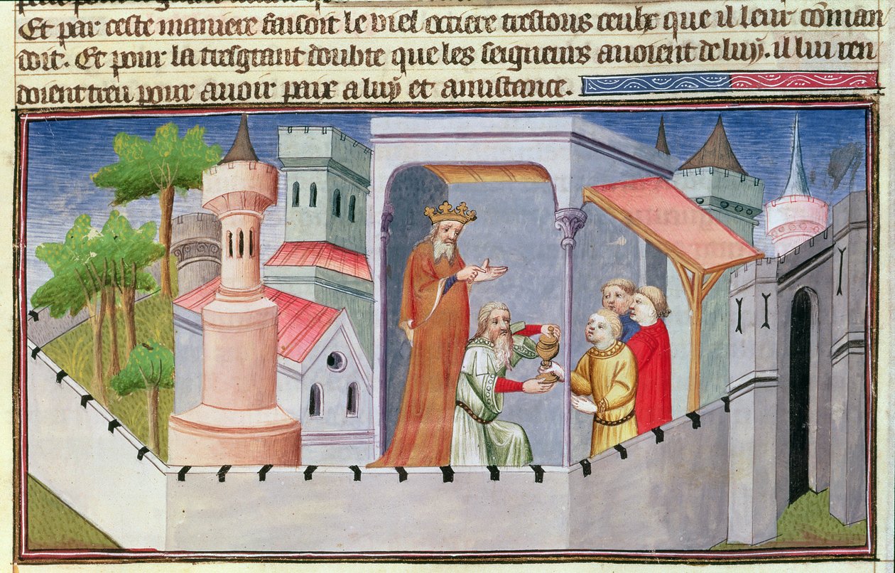 P. Fr 2810 f.17, Hassan i Sabbah liderando as iniciações em Alamut dando aos seus seguidores vinho drogado, dos Livres des Merveilles du Monde, c.1410-12 (tempera à velino) de Boucicaut Master