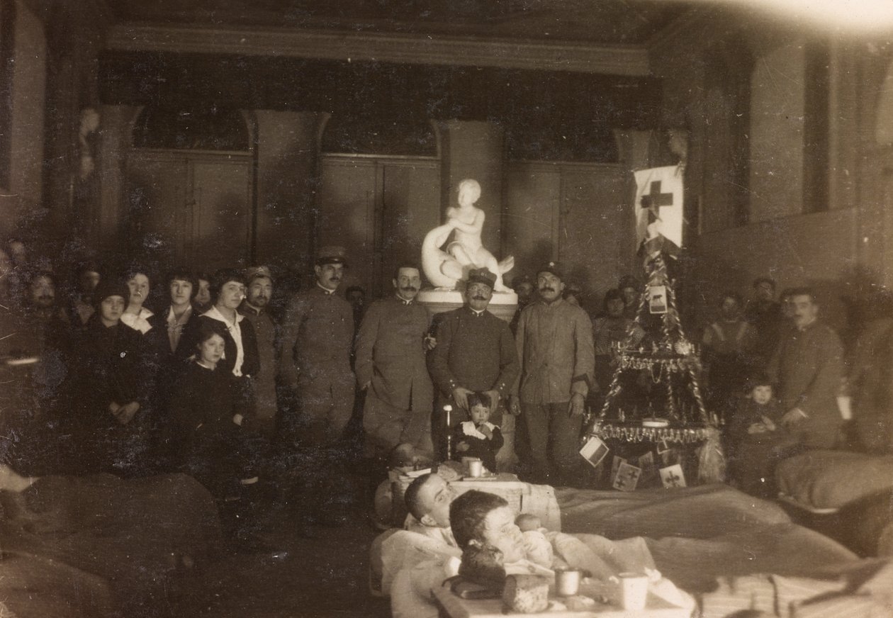 Álbum da Primeira Guerra Mundial em Friuli-Venezia Giulia: retrato de grupo no dia de Natal na Villa Brazzà, lar do 17º Hospital de guerra em Soleschiano Manzano, 25/12/1915 (foto a p/b) de Bourbon Del Monte