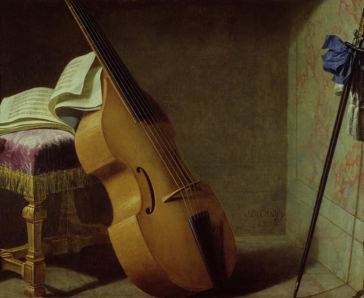 Bass Viol, folha de pontuação e uma espada, 1693 de Boyer
