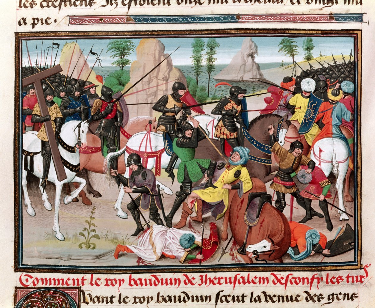 Ms 5089-90 A batalha entre o rei Baldwin I (c.1058-1118) e os turcos, de Chroniques des empereurs de David Aubert, 1462 de Brabant School