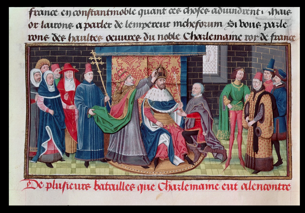 Ms 5089-90 A coroação do imperador Carlos Magno (747-814) pelo Papa São Leão III (d.816) na véspera de Natal 800 dC, de Chroniques des Empereurs de David Aubert, 1462 de Brabant School