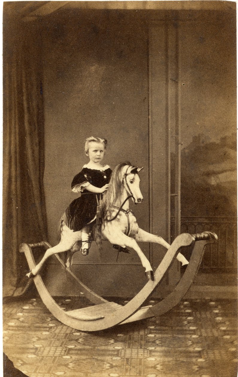 Menina jovem, ligado, grande, cavalo balanço, 1860s, (albumen, impressão) de Brading and Cantelo
