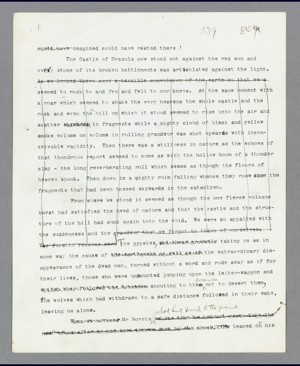 Página 539, Capítulo 27, A passagem excluída que descreve a destruição do castelo do Drácula, do manuscrito digitado original de Bram Stoker de &39;Drácula&39; (impressão) de Bram Stoker