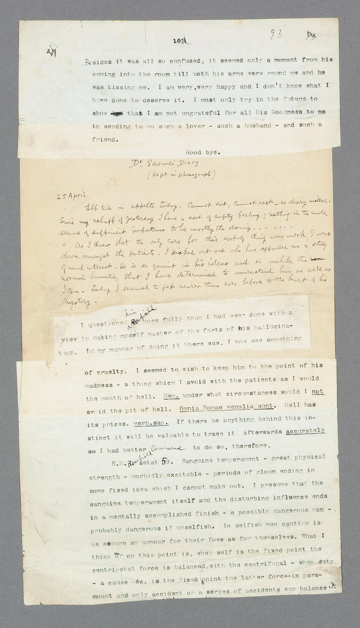 Página 93, Capítulo 5, Parte do diário fonográfico do Dr. Seward descrevendo seu paciente, Renfield, do manuscrito digitado original de &39;Drácula&39; de Bram Stoker (impressão) de Bram Stoker