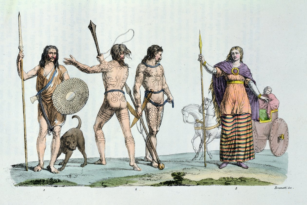 Pessoas celtas na época de Júlio César, ilustração de &39;Le Costume Ancien ou Moderne&39;, de Jules Ferrario, publicado em Milão por volta de 1820 (gravura colorida) de G. and Raineri Bramatti