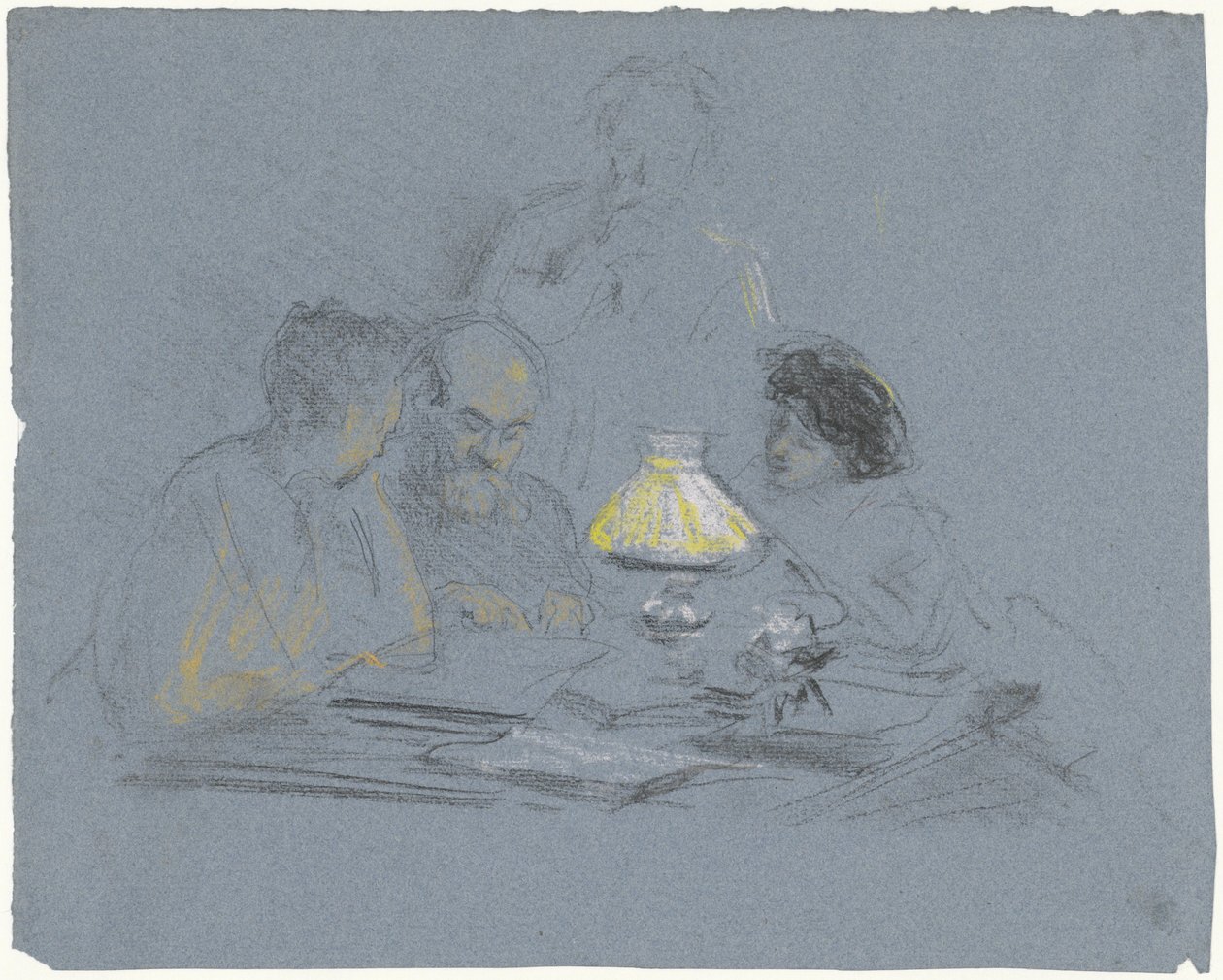 A. Grandmont e três figuras, leitura por lamplight de Bramine Hubrecht
