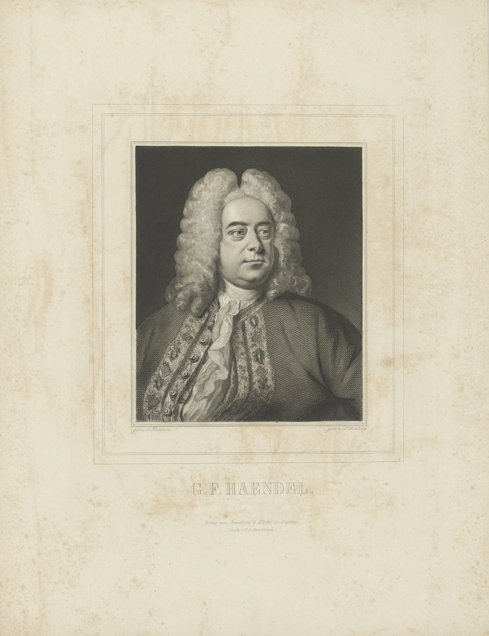 Retrato do compositor Georg Friedrich Haendel 1685-1759, c. 1840 de Breitkopf and Härtel