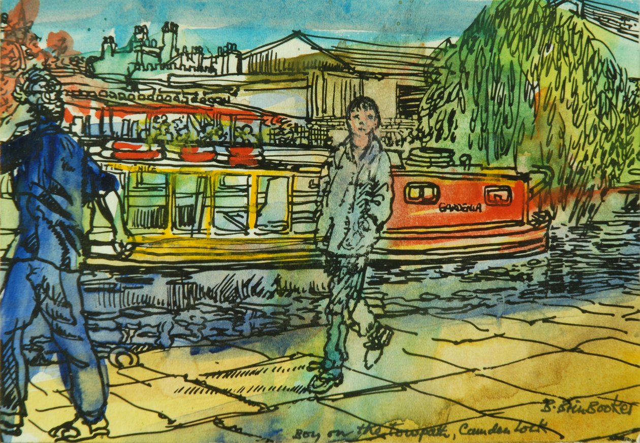 Rapazes no caminho do reboque, Camden Lock (aguarela sobre papel) de Brenda Brin Booker