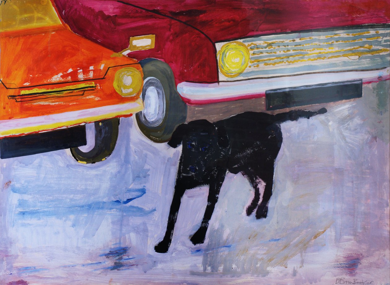 Cão no lote de carros usados, Rex com carro vermelho de Brenda Brin Booker