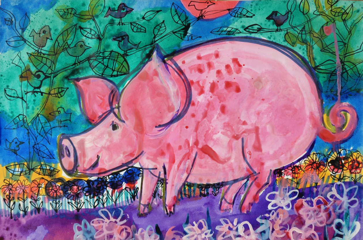 Porco (cor de poster acrílico e tintas coloridas) de Brenda Brin Booker