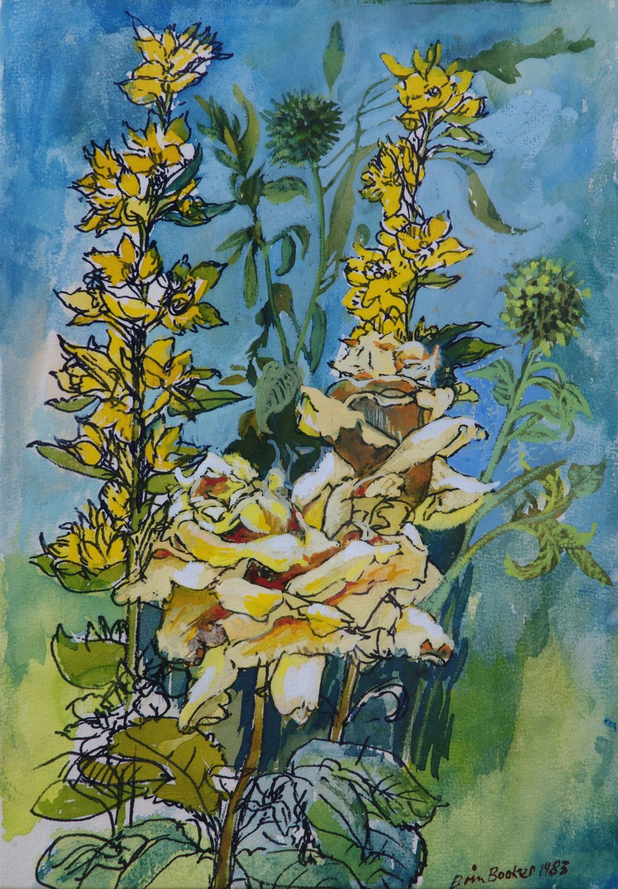 Rosa amarela e Loosestrife, 1983 (caneta e tinta com wc no papel) de Brenda Brin Booker