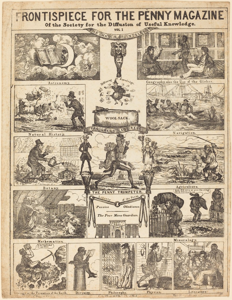Frontispício da Penny Magazine da Sociedade para a Difusão do Conhecimento: Vo de British 19th Century