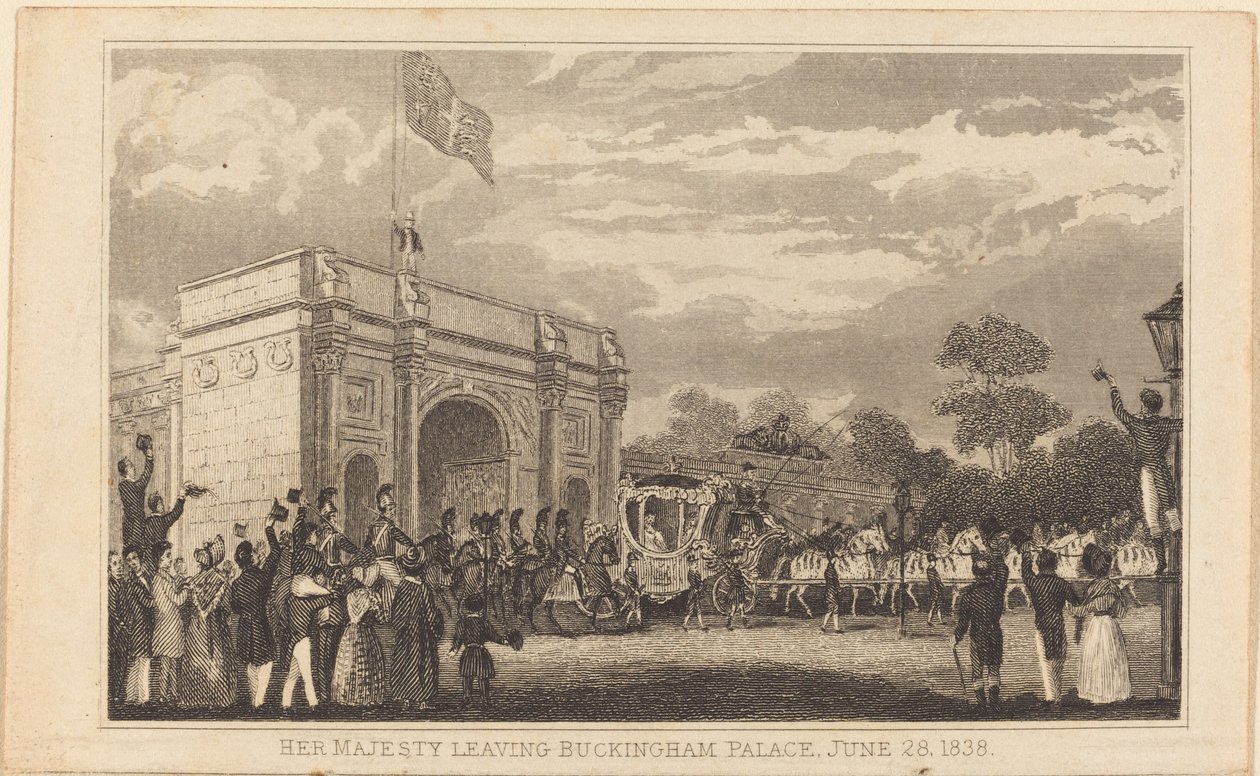 Sua Majestade deixando o Palácio de Buckingham, 28 de junho de 1838 [metade esquerda] de British 19th Century