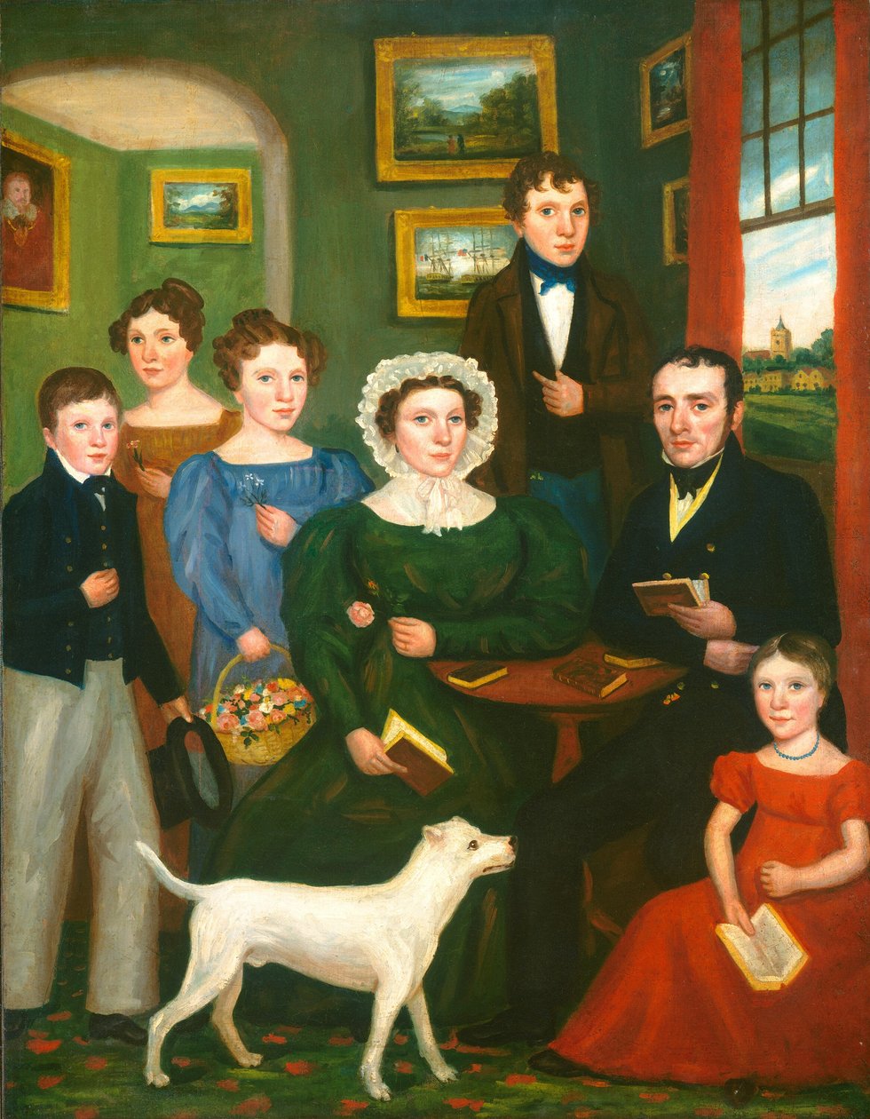Retrato de uma família desconhecida com um Terrier de British 19th Century