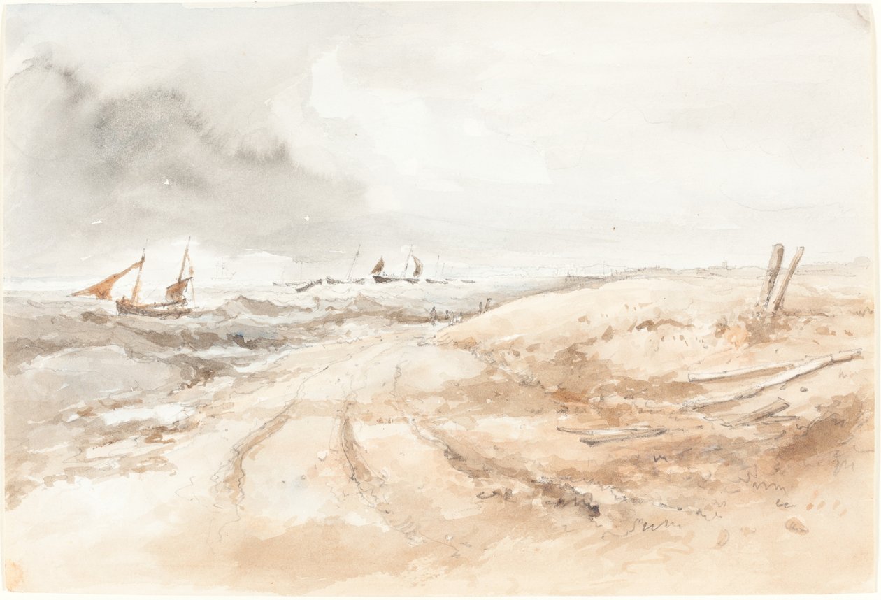 Cena da costa com barcos em águas agitadas de British 19th Century