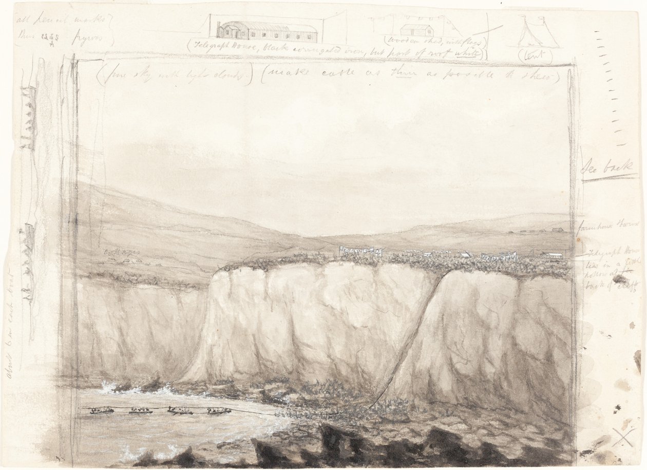 Esboço de barcos perto de um penhasco de British 19th Century