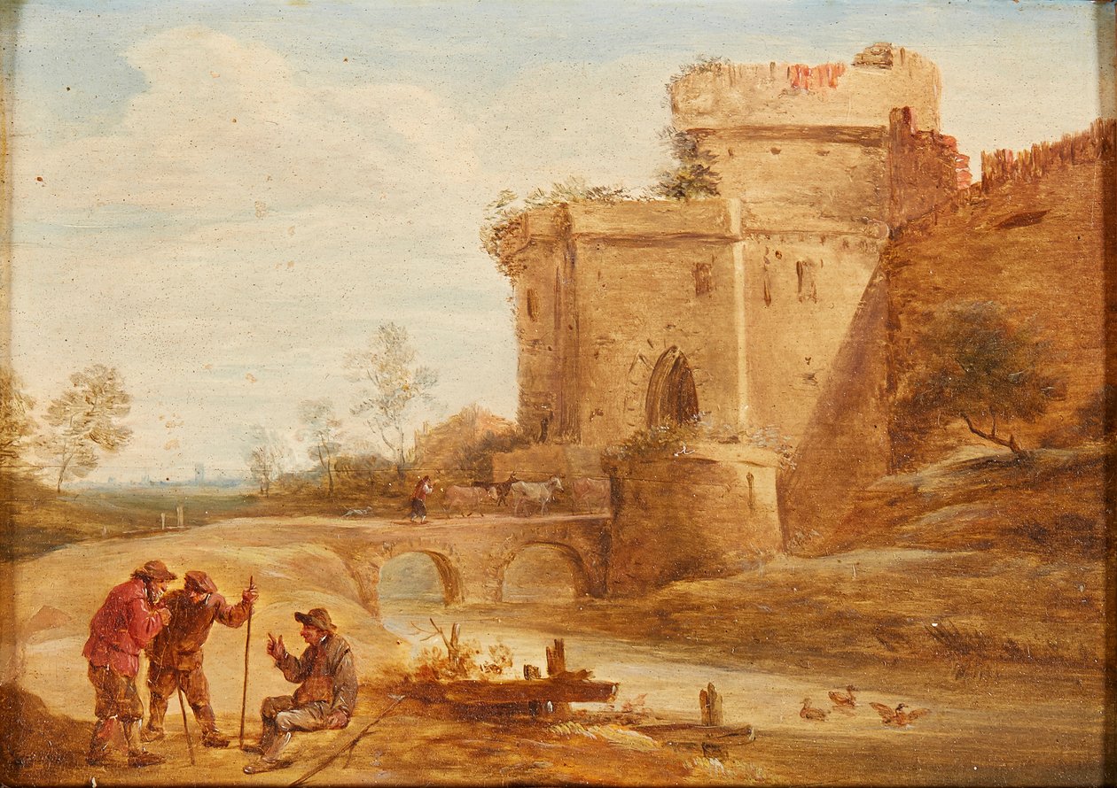 Uma paisagem clássica com figuras e animais em um caminho (óleo sobre tela) de British School