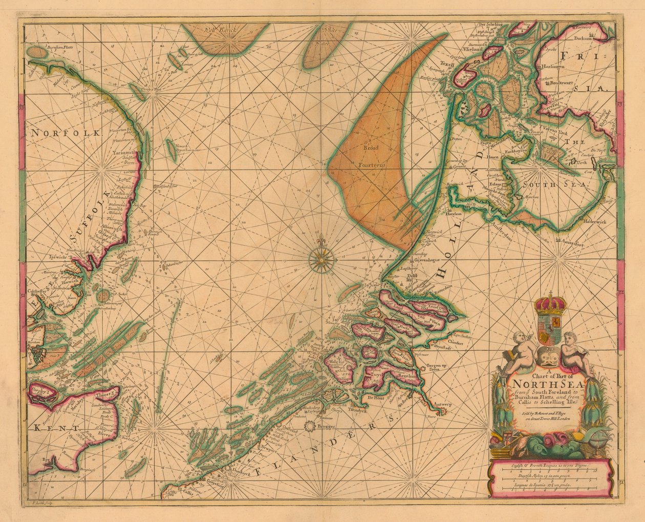 Carta do mar do Norte, de South Foreland a Burnham Flatts, e de Callis à ilha de Schelling, c.1700 (gravura a cores) de British School