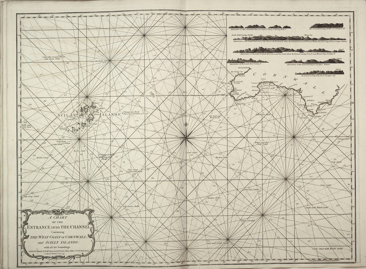 Uma carta da entrada no canal da Mancha que contém a costa ocidental da Cornualha e das ilhas Scilly com todas as sondagens de British School