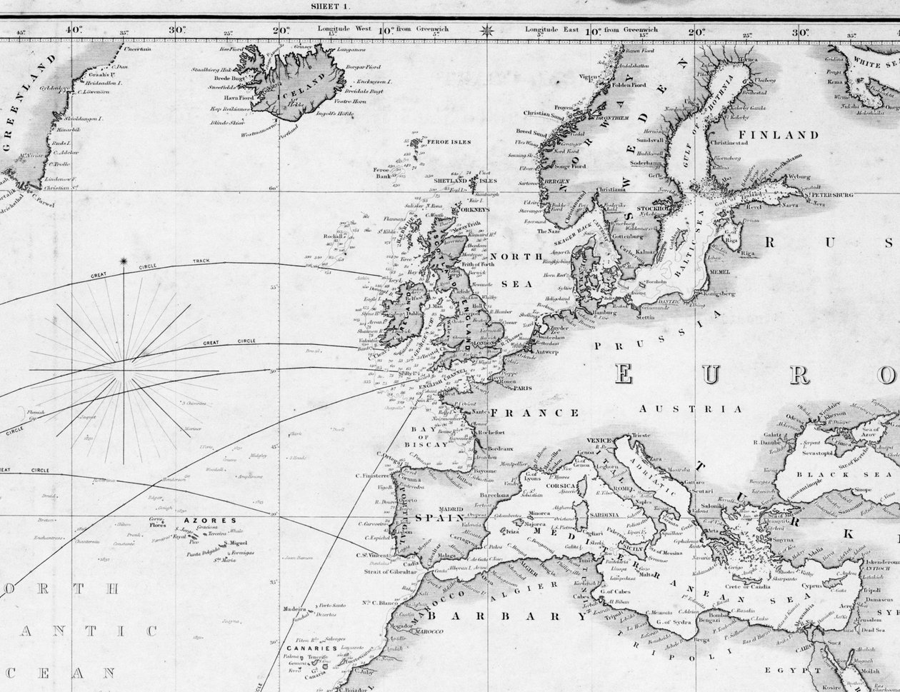Uma carta geral para traçar a rota dos navios de Inglaterra para sul e à volta do mundo (pormenor) de British School