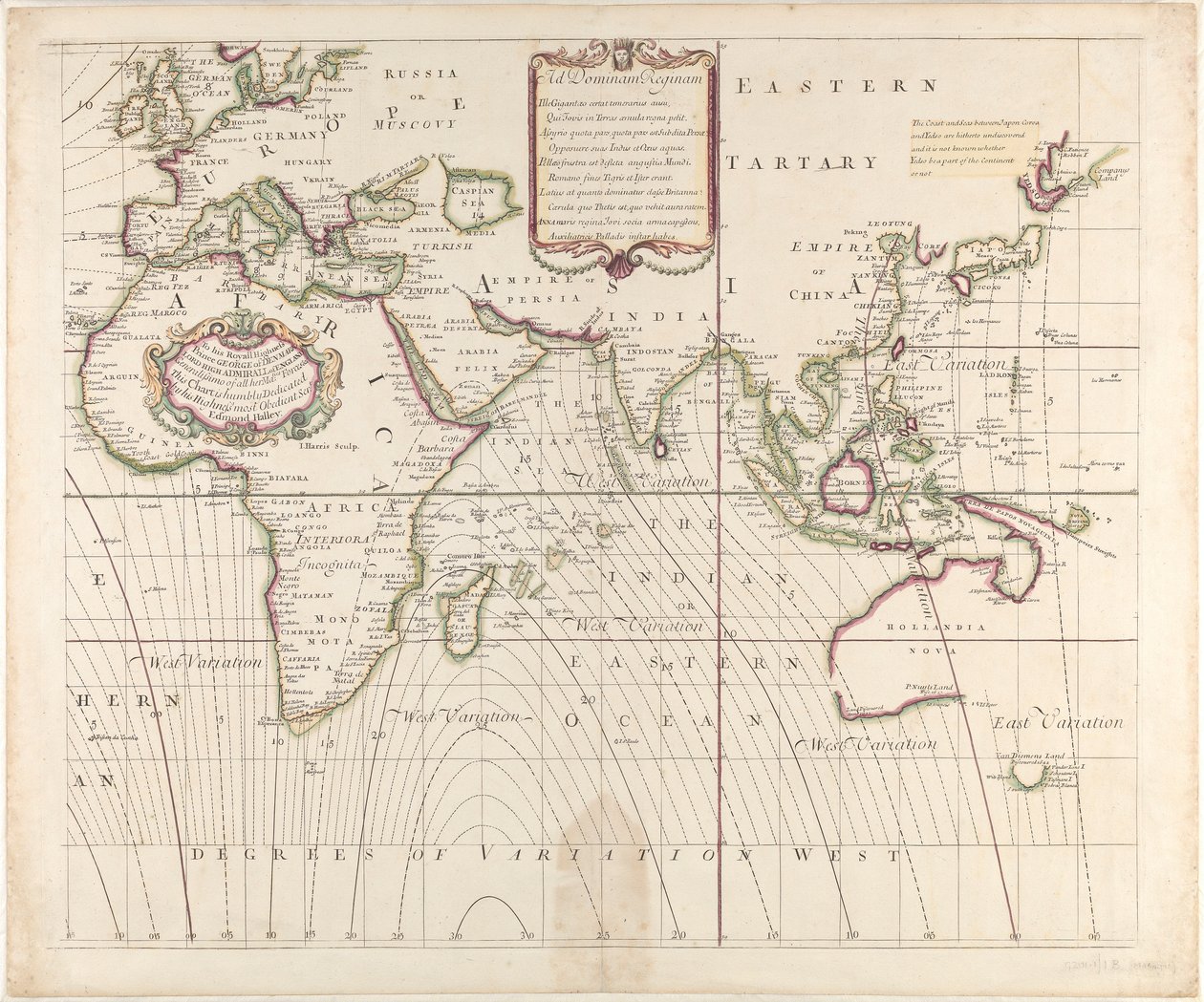 Uma nova e correcta carta marítima de todo o mundo, mostrando as variações da bússola tal como se encontravam no ano de 1700 de British School