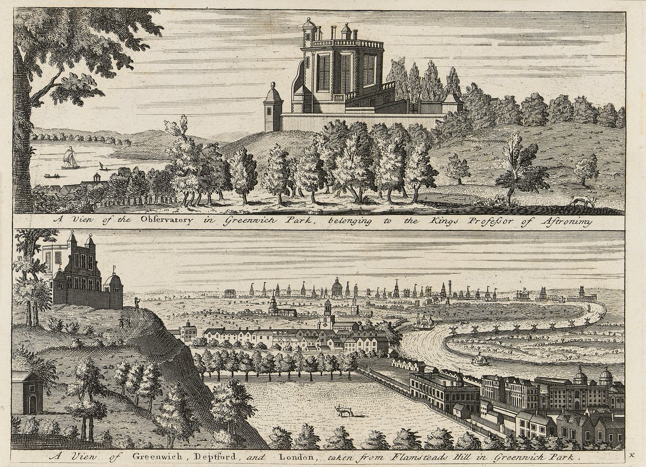 Uma vista do Observatório em Greenwich Park...[e] Uma vista de Deptford e Londres tirada de Flamsteed Hill em Greenwich Park", c.1750 (gravura) de British School