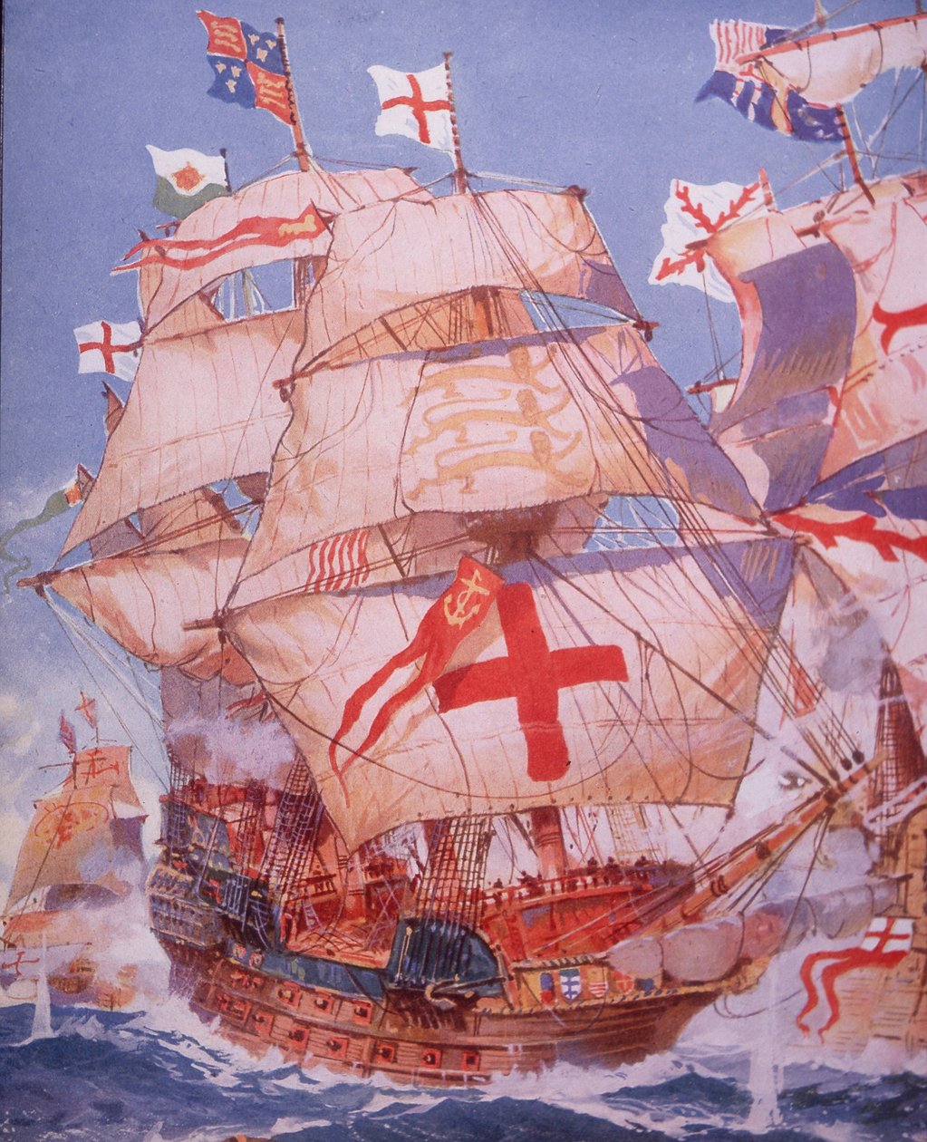 Arca Real lutando Armada Espanhola em 1588 (cor litho) de British School