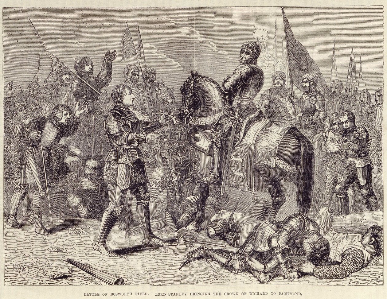 Batalha do campo de Bosworth. Lord Stanley trazendo a coroa de Ricardo III a Richmond (1485): fim da Guerra das Duas Rosas - in "Cassell