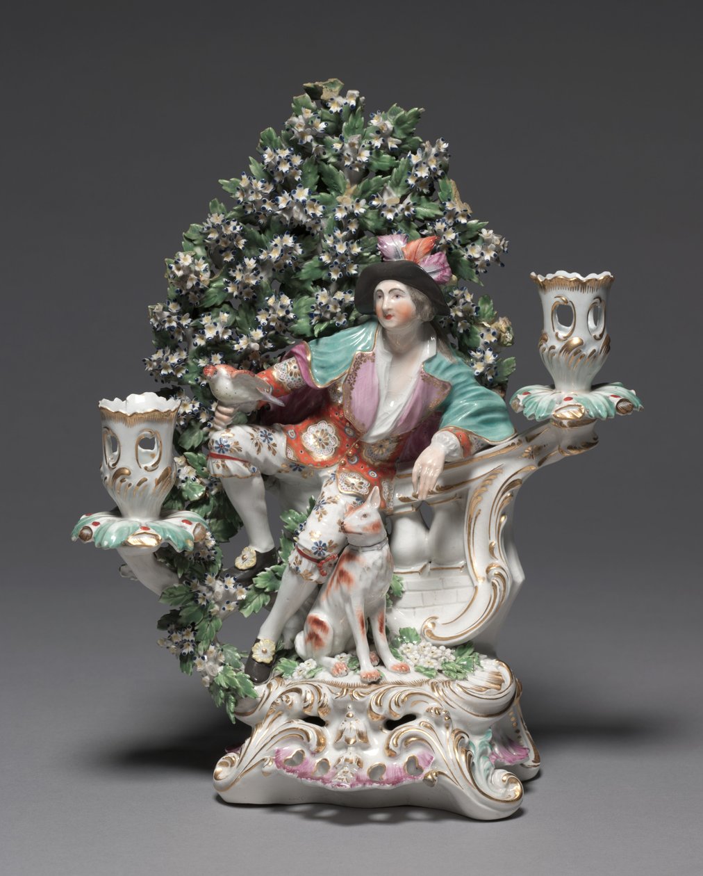 Candelabro com Shepherd and Dog, fabricante Derby Porcelain Factory (Chelsea-Derby Period), c.1775 (porcelana em pasta mole) de British School