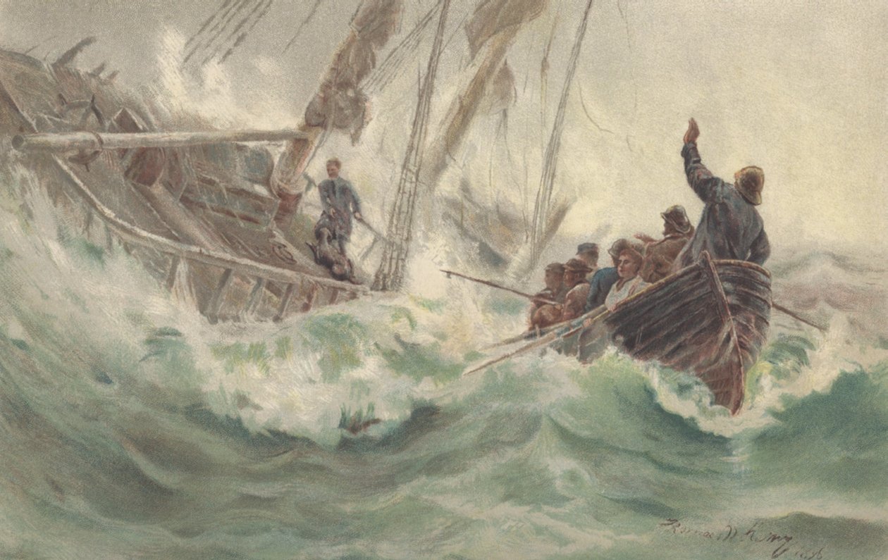 O capitão e o seu fiel cão afundam-se com um navio naufragado, enquanto a tripulação foge (cor litho) de British School