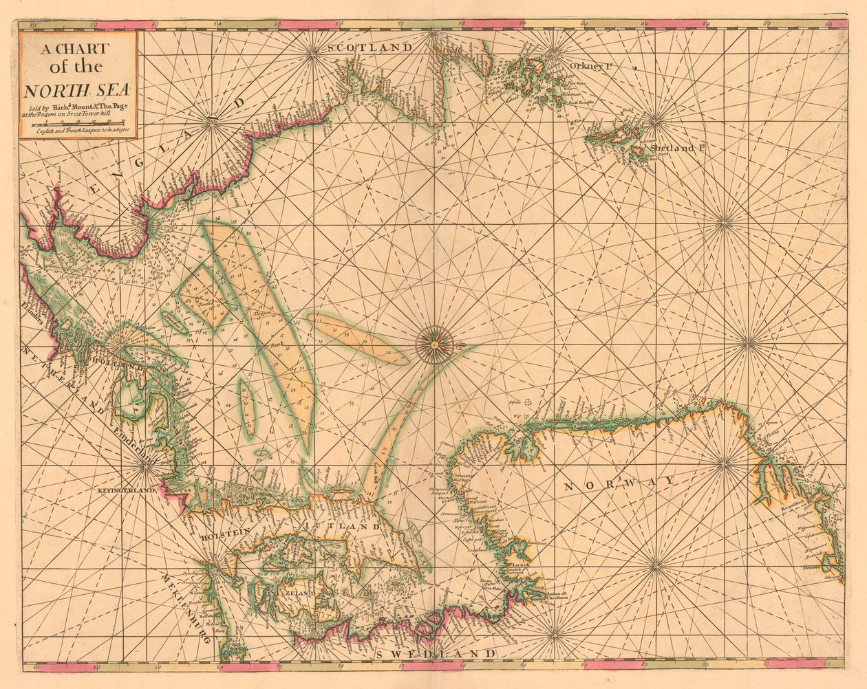 Carta do Mar do Norte: Da Noruega ao Estreito de Dover, c.1700 (gravura a cores) de British School