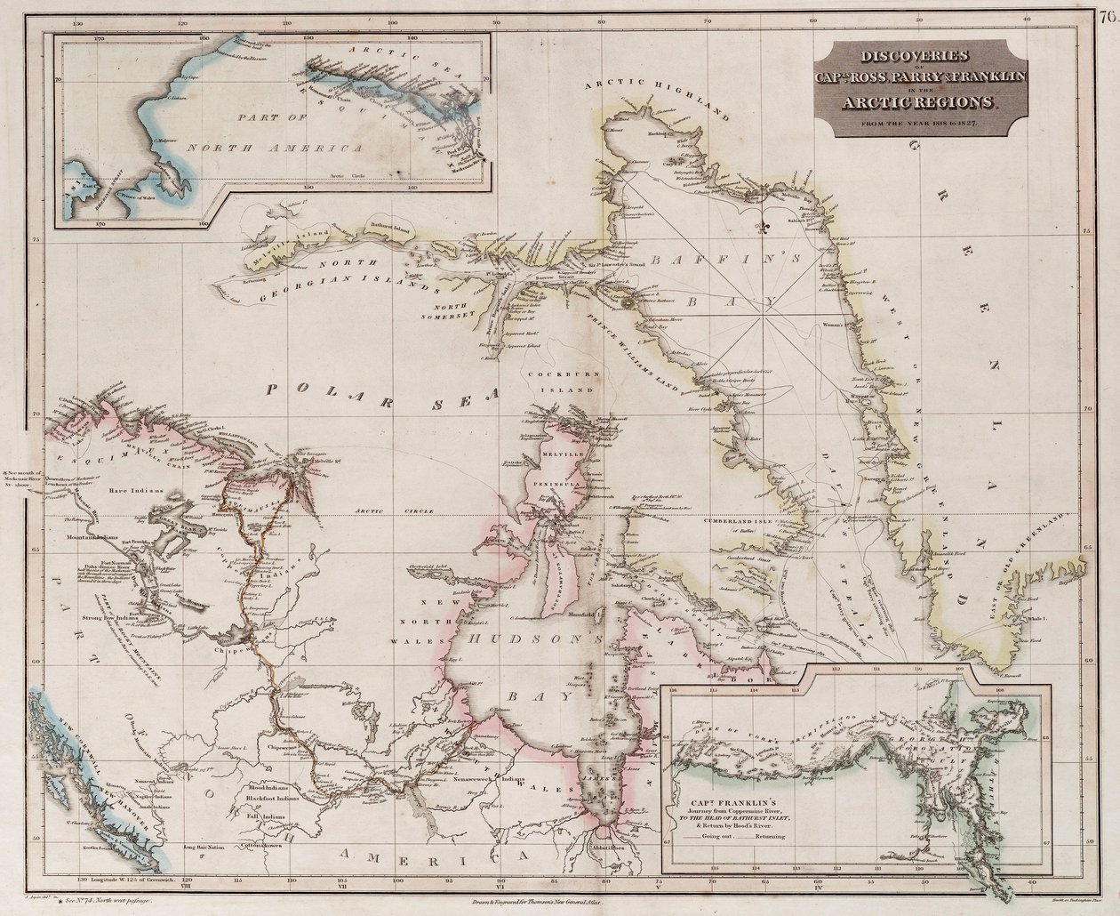 Gráfico das descobertas de Ross, Parry e Franklin no Ártico durante 1818-1827, c.1830 (gravura a cores) de British School