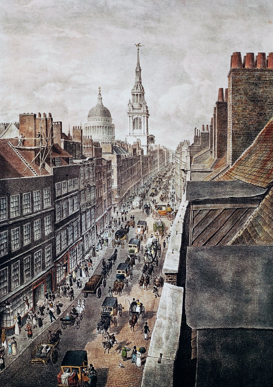 Cheapside Street em Londres, gravura, Inglaterra, Reino Unido de British School