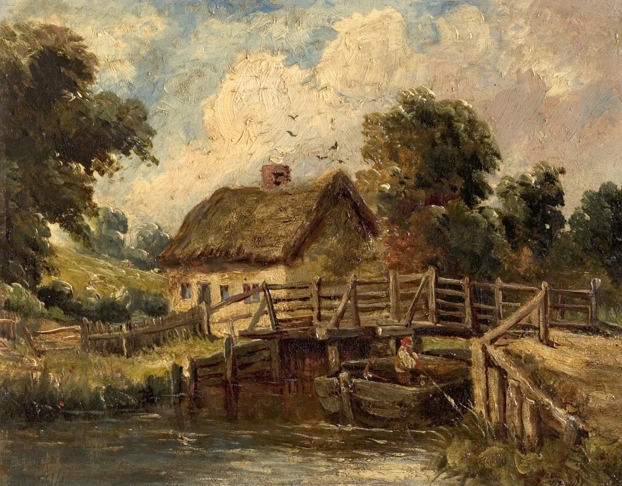 Casa de campo perto de Bergholt Oriental, Suffolk (óleo sobre tela) de British School