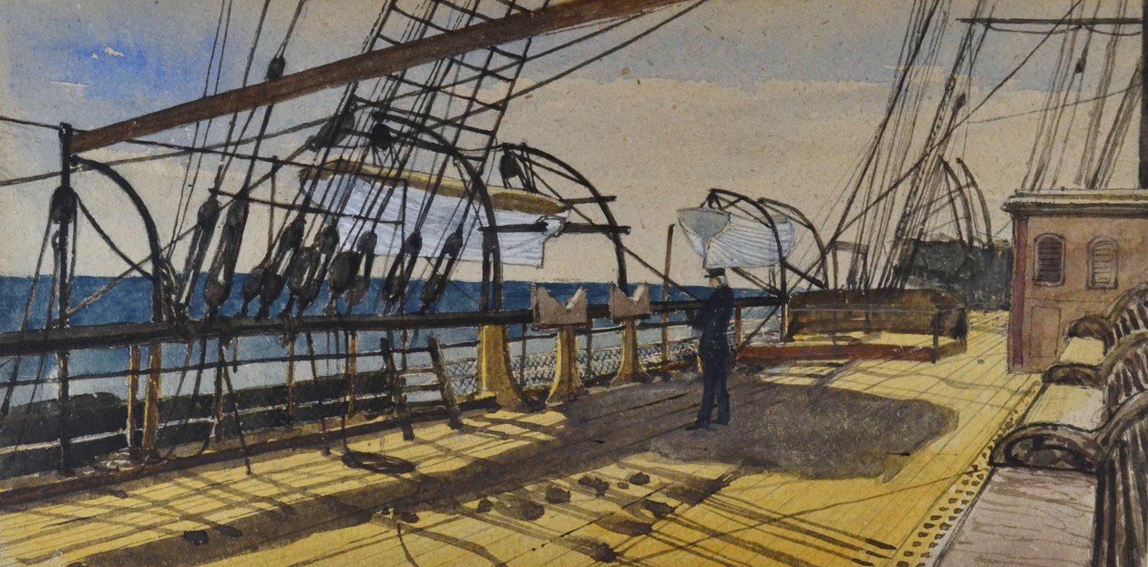 Convés do S S Don, da Royal Steam Packet Line, a caminho de Demerara, inscrito, c.1880-90 (aguarela) de British School