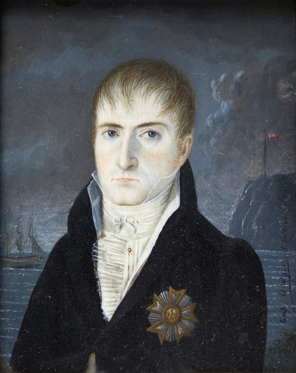 Imperador na ilha de Santa Helena - Retrato do Imperador Napoleão 1ª cabeça nua, em fato preto, vestindo a grande placa de águia da ordem da Legião de Honra - Retrato de Napoleão Bonaparte na ilha de Santa Helena pelo Capitão Dodgin (activo de British School