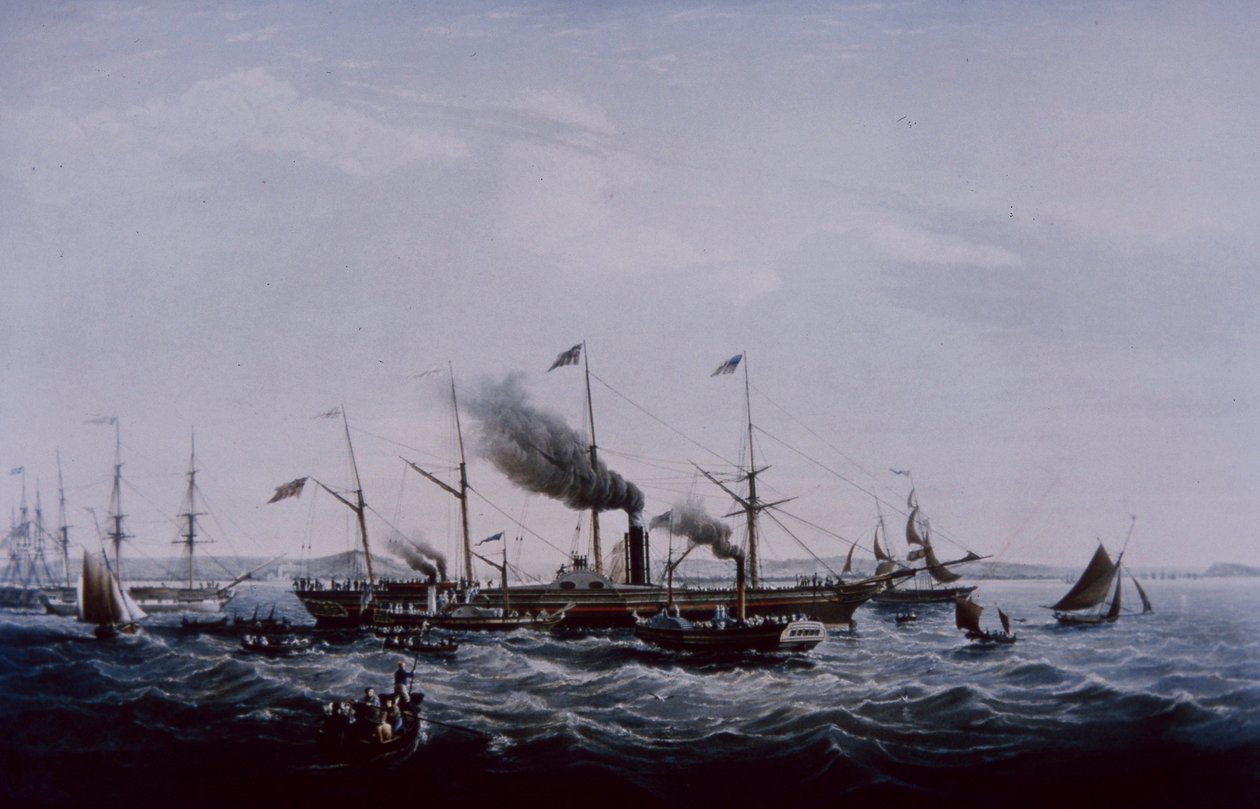 Grande navio a vapor ocidental, concebido por Brunel, concluído em Bristol 1837 (cor litho) de British School