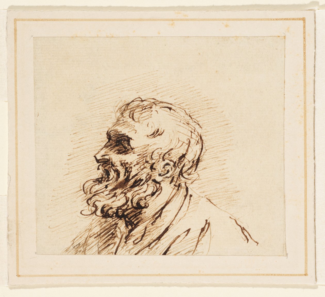 Cabeça de um homem barbudo (grafite, caneta e tinta castanha sobre papel vegetal, colocada sobre um suporte) de British School