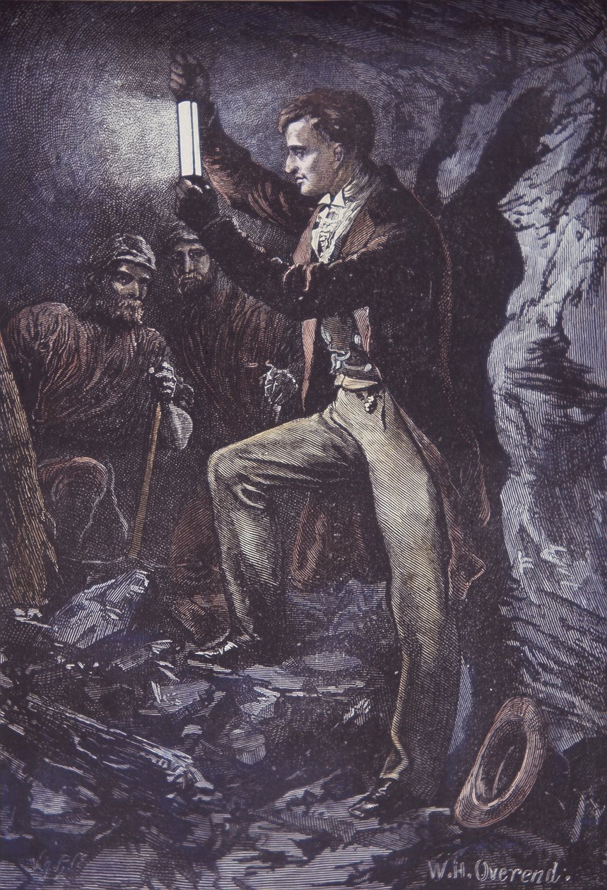 Humphry Davy com lâmpada de segurança Davy para mineiros, inventada em 1815 (gravura de madeira colorida à mão) de British School