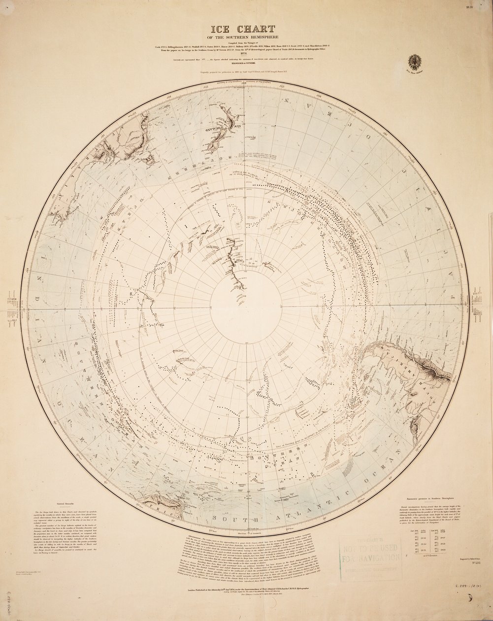 Carta do gelo do hemisfério sul compilada a partir das viagens de Cook 1772-5, Bellingshausen 1819-21... e Shackleton 1908-9 de British School