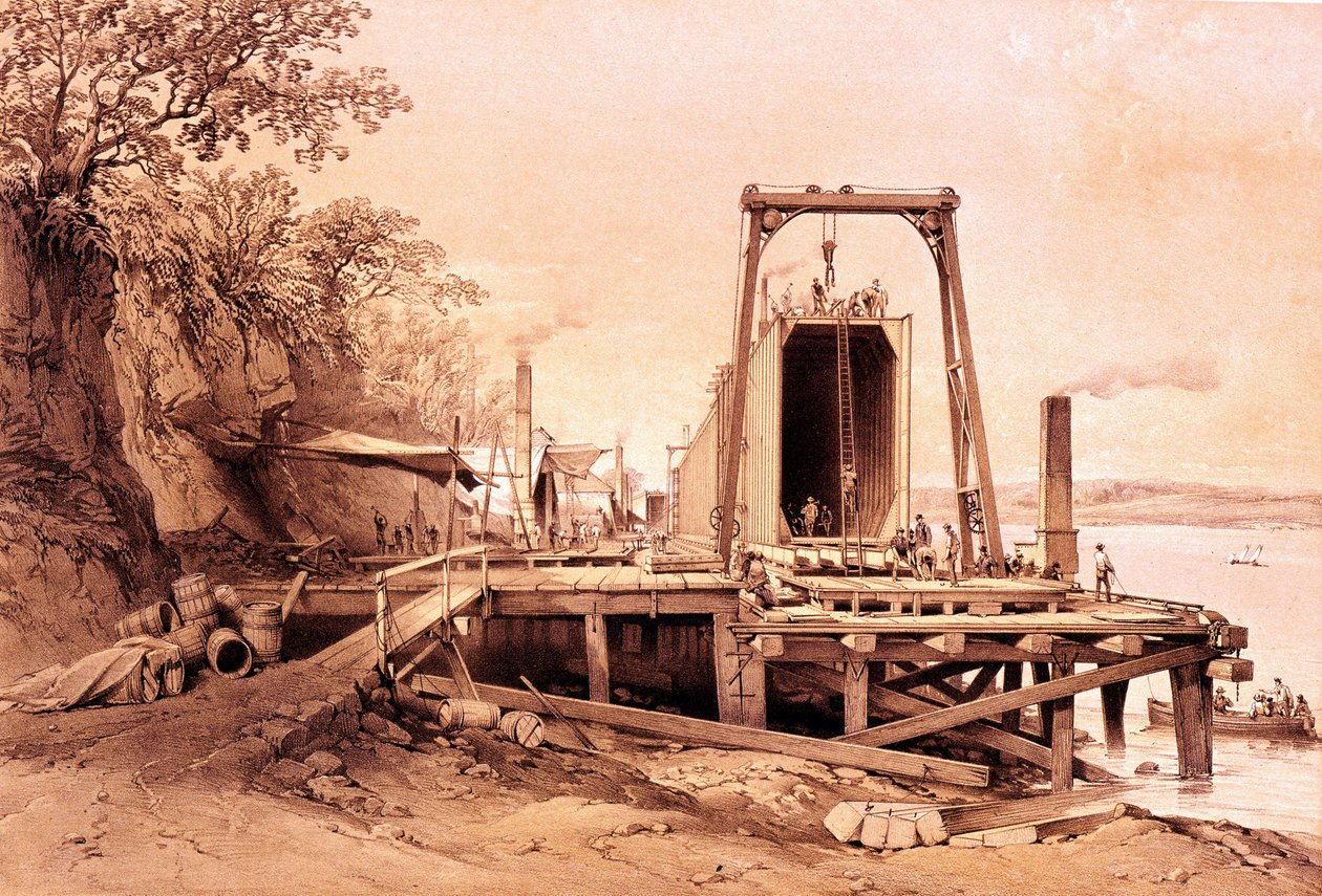Revolução industrial: instalação de uma ponte pré-fabricada. Gravura de “Britannia and Conway Tubular Bridges”” de British School