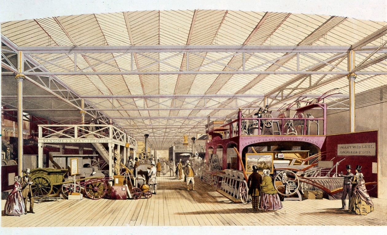 Revolução industrial: vista interna do pavilhão de máquinas agrícolas no Palácio de Cristal, construído por Joseph Paxton para a Exposição Mundial de 1851 em Londres (Hyde Park) Século XIX de British School