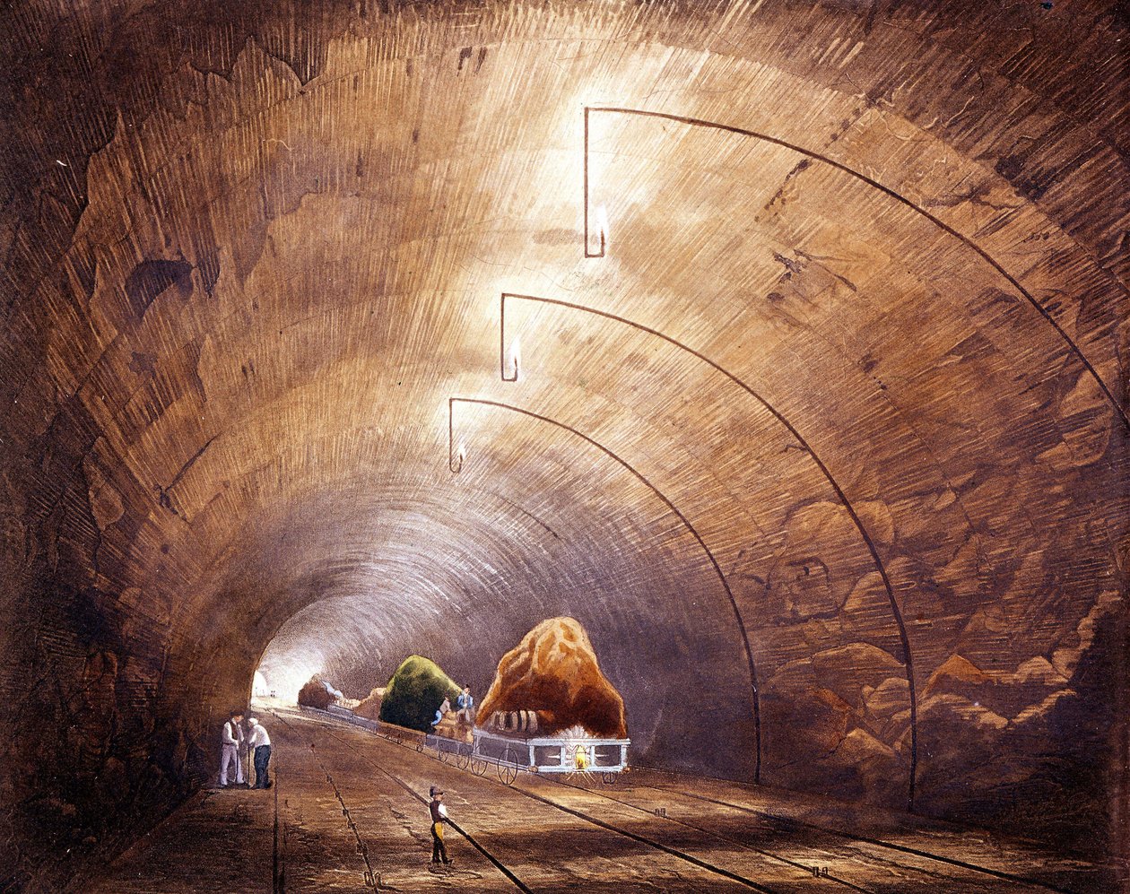 Revolução industrial: túnel ferroviário na linha Manchester - Liverpool. Placa retirada de “” Liverpool and Manchester Railway””, Londres 1832. de British School