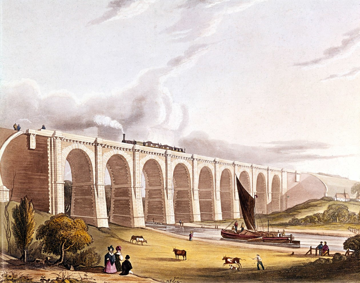 Revolução industrial: vista do viaduto ferroviário que atravessa o Vale de Sankey. Placa retirada de "Liverpool & Manchester Railway", Londres 1832. de British School