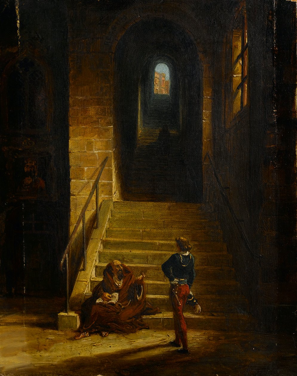Interior de um Castelo, com um Monge Sentado, c.1850 (óleo sobre tela) de British School
