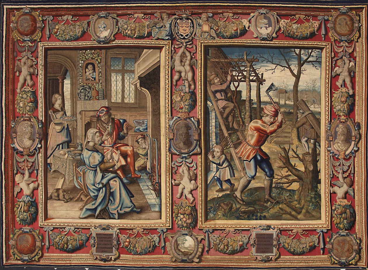 Janeiro e Fevereiro: "Um casal à lareira e um lenhador" Tapeçaria dos fabricantes de Mortlake. Genes do século XVII, Musei di Strada Nuova de British School