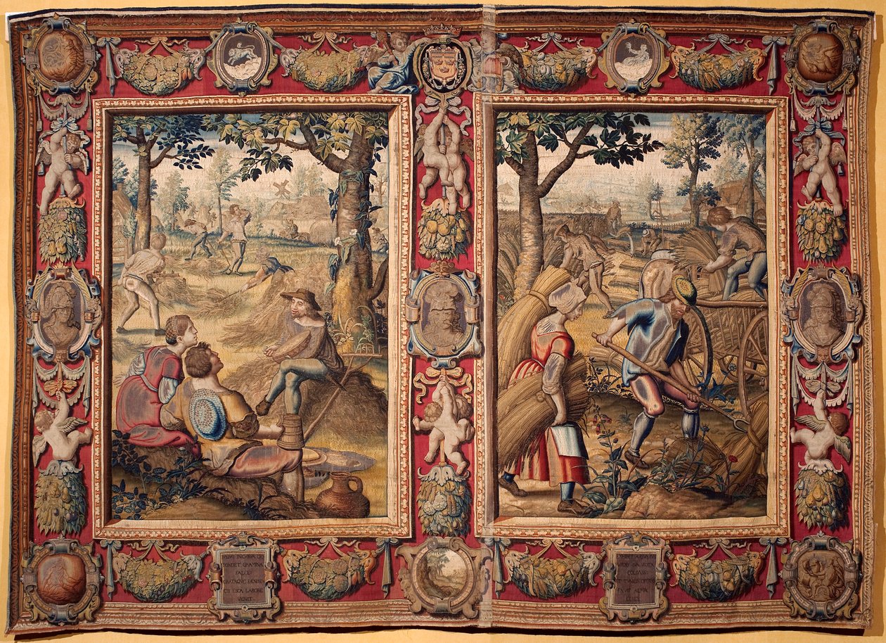 julho e agosto: "trabalhos agrícolas e colheitas" Tapeçaria das manufacturas de Mortlake. Século XVII Genes, Musei di Strada Nuova de British School