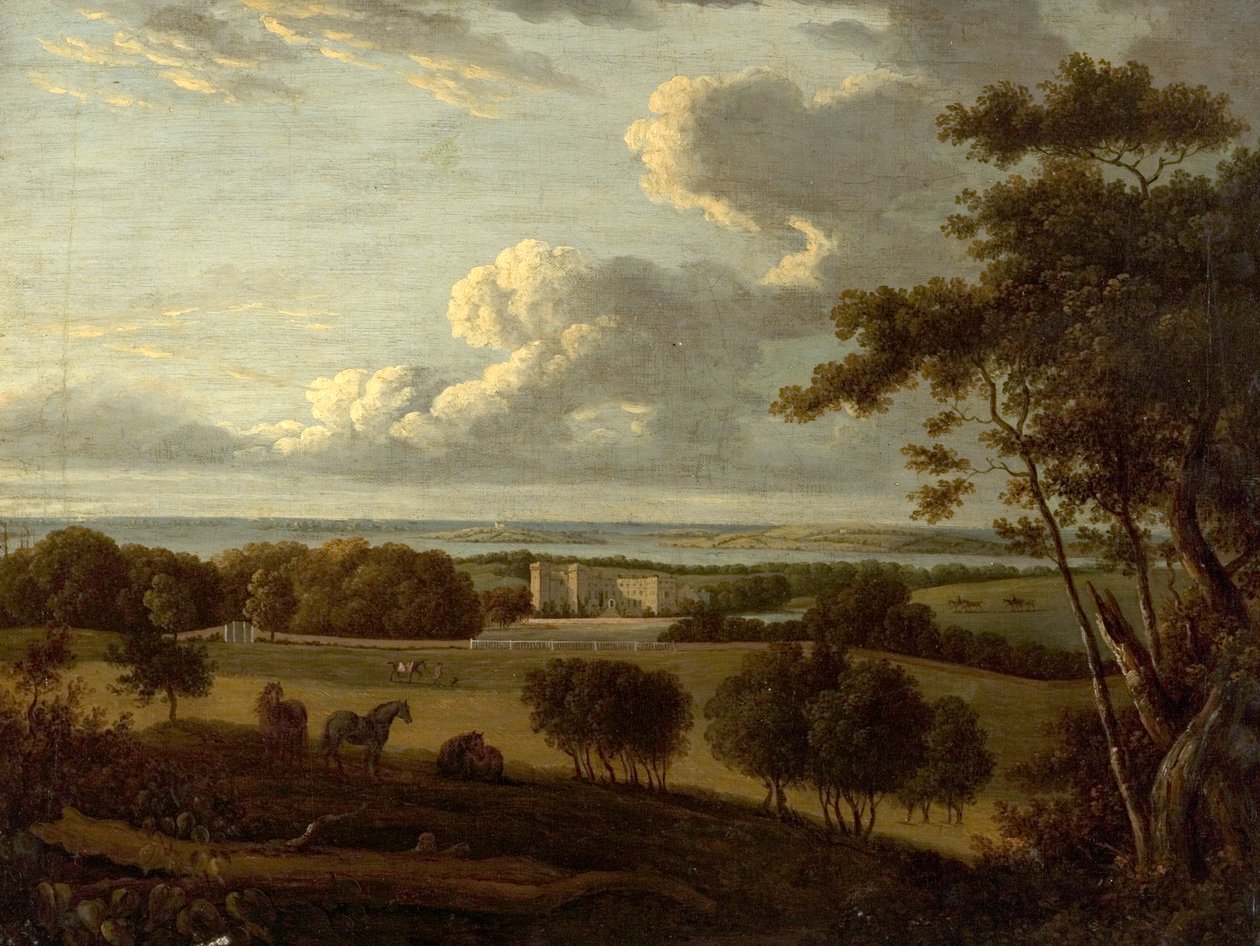 Paisagem perto da costa (vista de uma mansão com o mar ao longe) (óleo sobre tela) de British School