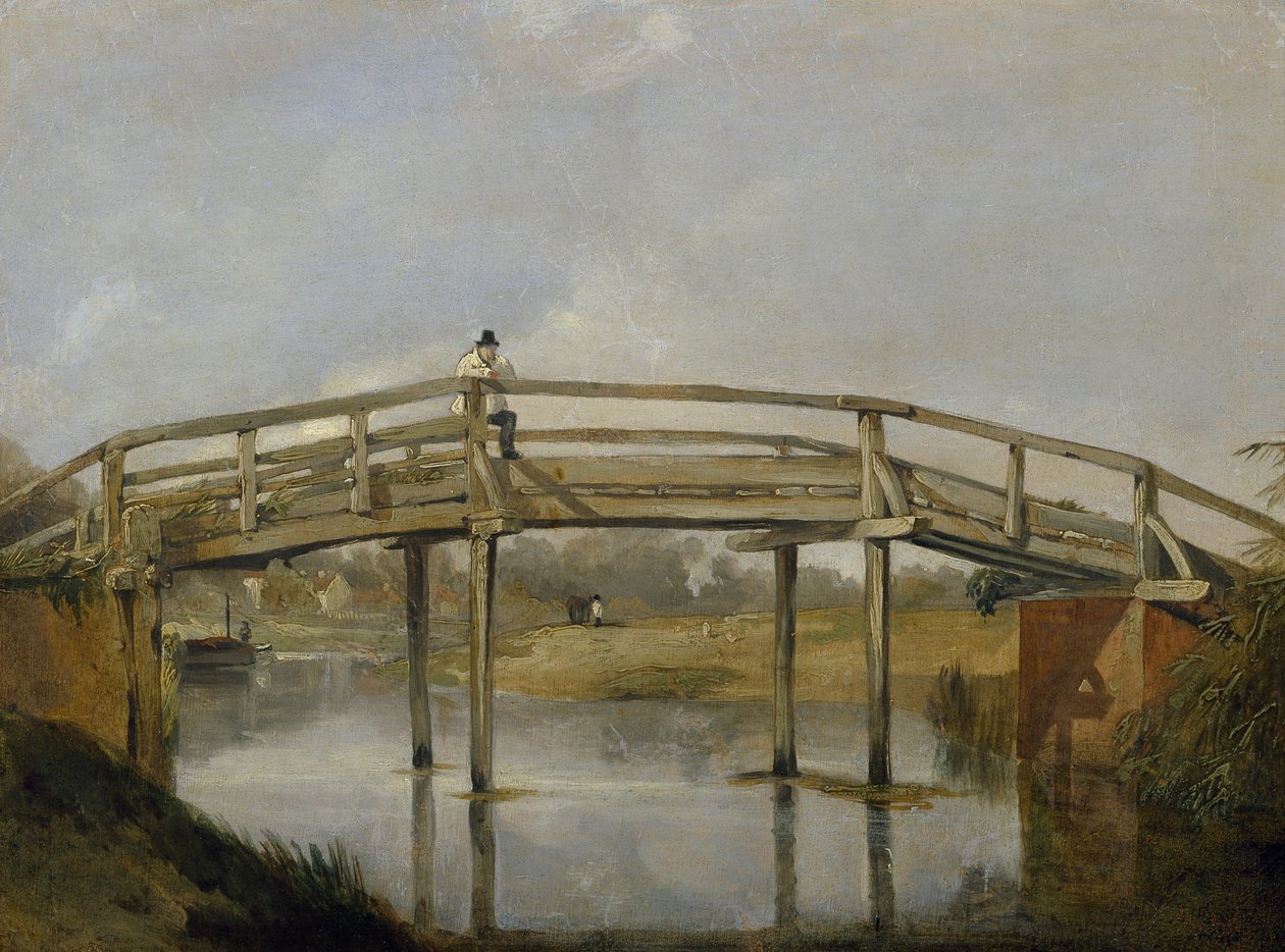 Paisagem com rio e ponte, c. 1830 (óleo sobre tela) de British School